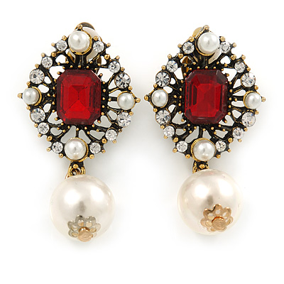 Vintage Inspired Clear/ Red Crystal, Pearl Clip On Earrings In Antique Gold Tone - 45mm L - main view