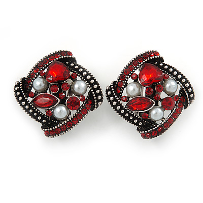 Marcasite Square Red Crystal, White Peal Clip On Earrings In Antique Silver Tone - 20mm L - main view