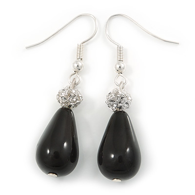 Silver Tone Black Ceramic Bead with Clear Crystal Ball Drop Earrings - 45mm L - main view