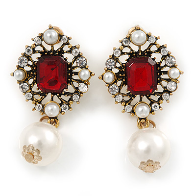 Vintage Inspired Clear/ Red Crystal, Pearl Drop Earrings In Antique Gold Tone - 45mm L - main view