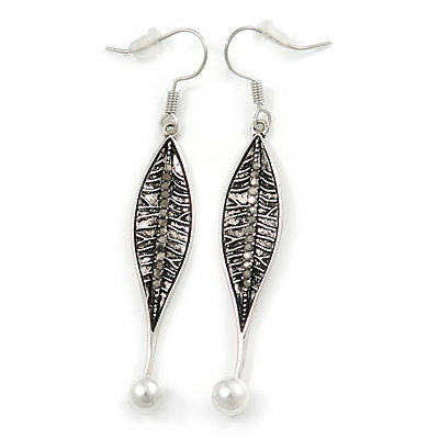 Marcasite Slim Hematite Crystal Leaf Drop Earrings In Antique Silver Tone - 65mm L - main view