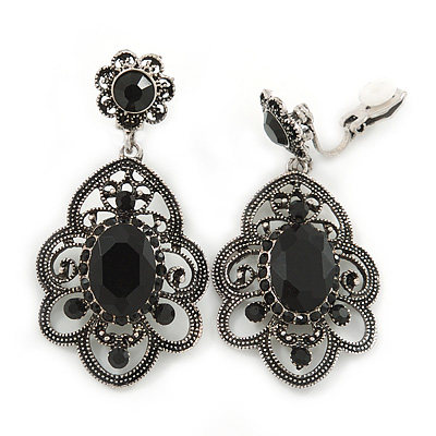 Marcasite Filigree with Black Glass Stone Clip On Earrings In Antique Silver Metal - 50mm L - main view