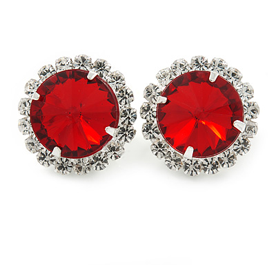 Ruby Red/ Clear Jewelled Round Clip On Earrings In Silver Tone - 20mm D - main view