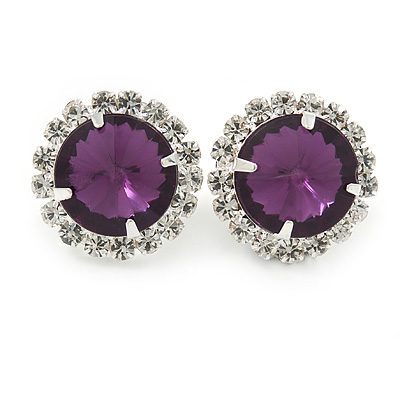 Deep Purple/ Clear Jewelled Round Clip On Earrings In Silver Tone - 20mm D - main view