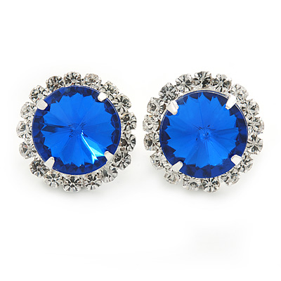 Sapphire Blue/ Clear Jewelled Round Clip On Earrings In Silver Tone - 20mm D - main view