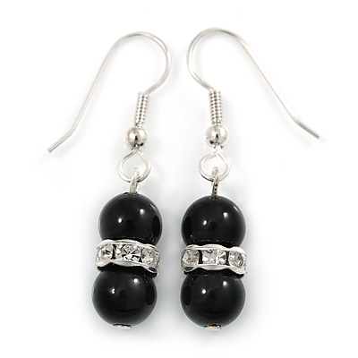 Small Black Ceramic Bead with Crystal Ring Drop Earrings In Silver Tone - 40mm L