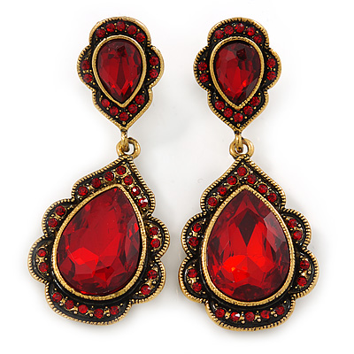 Vintage Inspired Ruby Red Glass Crystal Bead Teardrop Earrings In Antique Gold Tone - 50mm L - main view