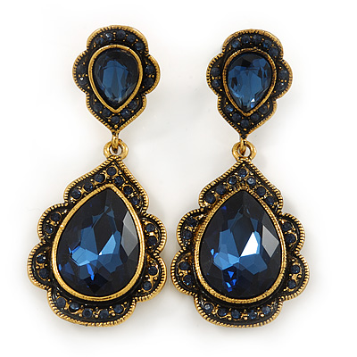 Vintage Inspired Midnight Blue Glass Crystal Bead Teardrop Earrings In Antique Gold Tone - 50mm L - main view