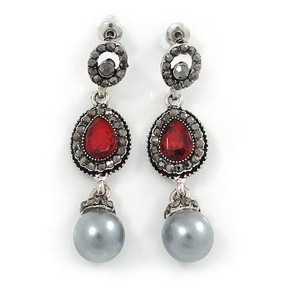 Marcasite Red/ Grey Crystal Pearl Drop Earrings In Antique Silver Tone - 45mm L - main view