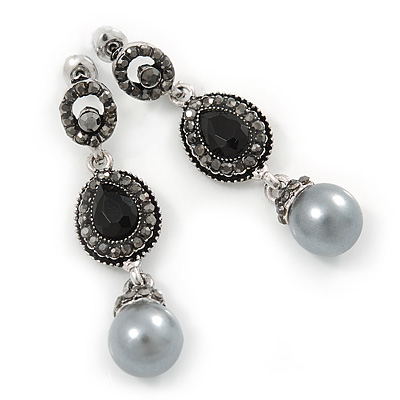 Marcasite Black/ Grey Crystal Pearl Drop Earrings In Antique Silver Tone - 45mm L - main view