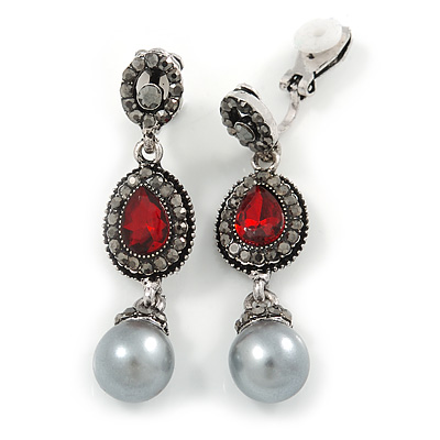 Marcasite Hematite/ Red Crystal Pearl Clip On Earrings In Antique Silver Tone - 45mm L - main view