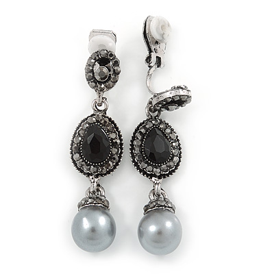 Marcasite Black/ Grey Crystal Pearl Clip On Earrings In Antique Silver Tone - 45mm L - main view