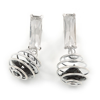 Silver Tone Wire Ball with Black Crystal Drop Earrings - 35mm L - main view