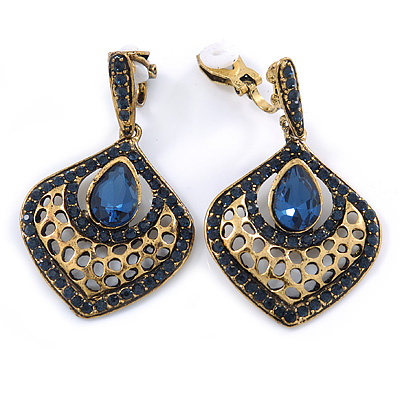 Vintage Inspired Montana Blue Crystal Teardrop Clip On Earrings In Antique Gold Tone - 40mm L - main view
