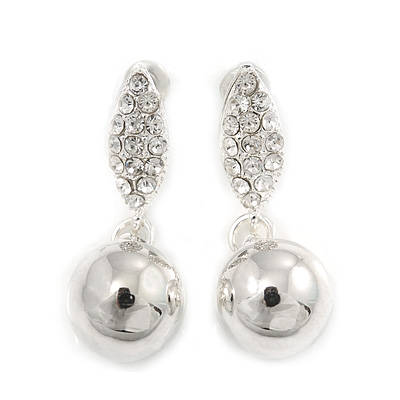 Silver Plated Clear Crystal Ball Drop Earrings - 35mm L - main view