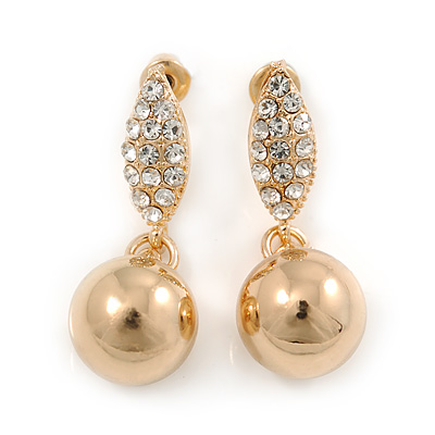 Gold Plated Clear Crystal Ball Drop Earrings - 35mm L
