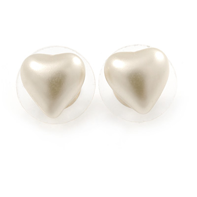 Small Cream Acrylic Heart Stud Earrings In Gold Tone - 10mm L - main view