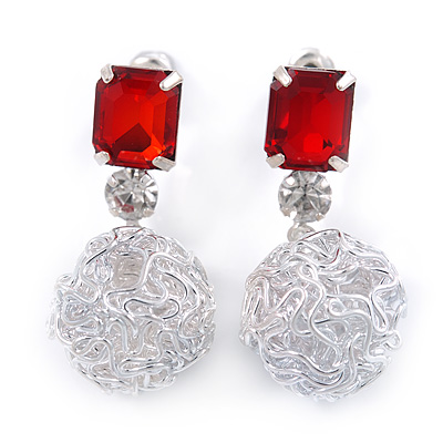 Light Silver Tone Wire Ball with Red Acrylic Bead Drop Earrings - 35mm L