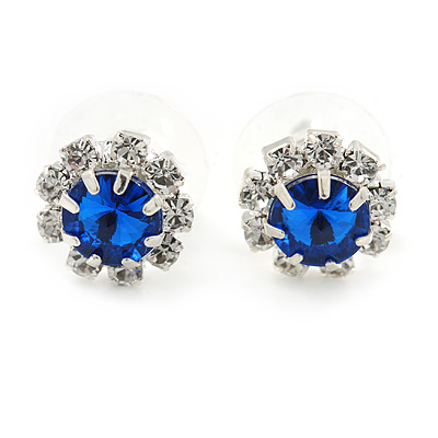 Small Sapphire Blue/ Clear Diamante Stud Earrings In Silver Finish - 10mm D - main view