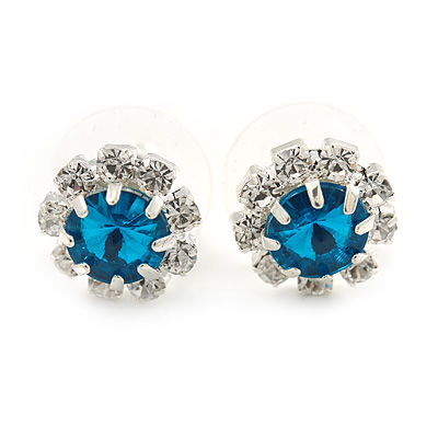 Small Emerald Azure/ Clear Diamante Stud Earrings In Silver Finish - 10mm D - main view