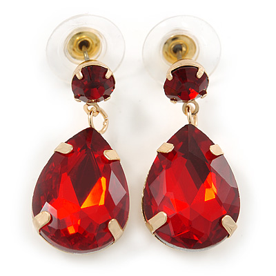 Red Acrylic Teardrop Earrings In Gold Tone - 30mm L - main view