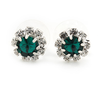 Small Emerald Green/ Clear Diamante Stud Earrings In Silver Finish - 10mm D - main view