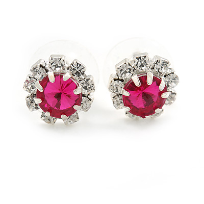 Small Fuchsia/ Clear Diamante Stud Earrings In Silver Finish - 10mm D - main view