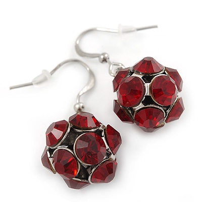 Ruby Red Crystal Ball Drop Earrings In Silver Tone - 30mm L - main view