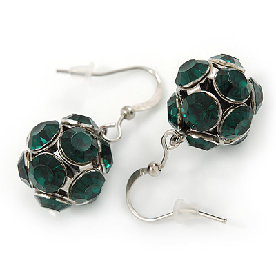 Emerald Green Crystal Ball Drop Earrings In Silver Tone - 30mm L - main view