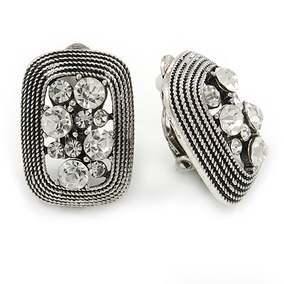 Vintage Inspired Clear Crystal Rectangular Clip On Earrings In Antique Silver - 25mm L - main view