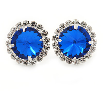 Sapphire Blue/ Clear Round Cut Acrylic Bead Stud Earrings In Silver Tone - 20mm D - main view