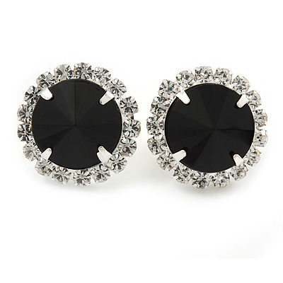 Jet Black/ Clear Round Cut Acrylic Bead Stud Earrings In Silver Tone - 20mm D - main view