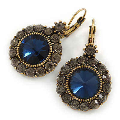 Vintage Inspired Round Cut Midnight Blue Glass Stone/ Grey Crystal Drop Earrings With Leverback Closure In Antique Gold Metal - 40mm L