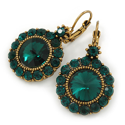 Vintage Inspired Round Cut Emerald Green Glass Stone Drop Earrings With Leverback Closure In Antique Gold Metal - 40mm L - main view
