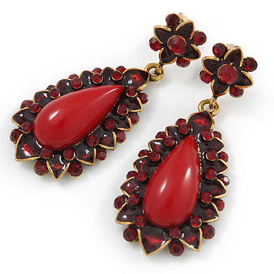 Wine Red Resin Stone, Dark Red Crystal Teardrop Earrings In Gold Tone - 45mm L