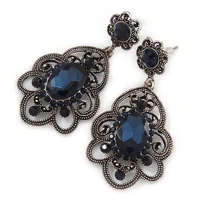 Victorian Style Filigree Montana Blue Glass, Crystal Drop Earrings In Antique Silver Tone - 50mm L