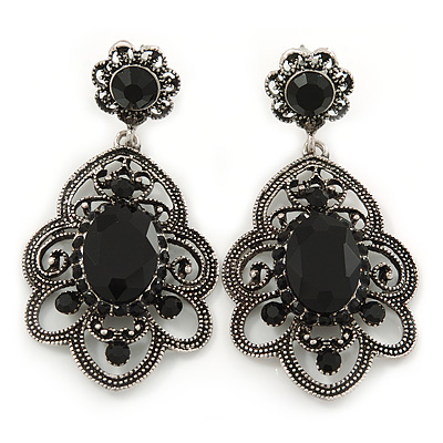 Victorian Style Filigree Black Glass, Crystal Drop Earrings In Antique Silver Tone - 50mm L