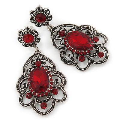 Victorian Style Filigree Ruby Red Glass, Crystal Drop Earrings In Antique Silver Tone - 50mm L - main view