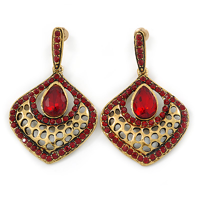 Vintage Inspired Burgundy Red Crystal, Filigree Teardrop Earrings In Antique Gold Tone - 45mm L - main view