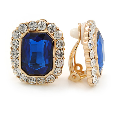 Gold Tone Clear, Blue Crystal Square Clip On Earrings - 23mm L - main view
