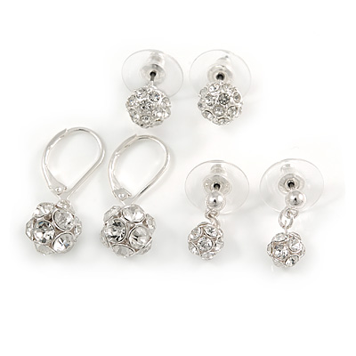 3 Pairs of Crystal Ball Drop and Stud Earring Set In Silver Tone- 10mm, 8mm, 6mm - main view