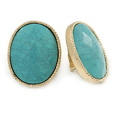 Large Oval Turquoise Style Acrylic Clip On Earrings In Gold Tone - 30mm L - main view