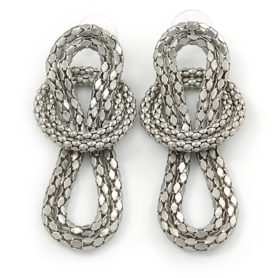 Mesh Knot Drop Earrings In Matte Silver Tone - 65mm L