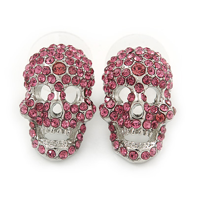 Small Dazzling Pink Crystal Skull Stud Earrings In Silver Plating - 20mm L - main view