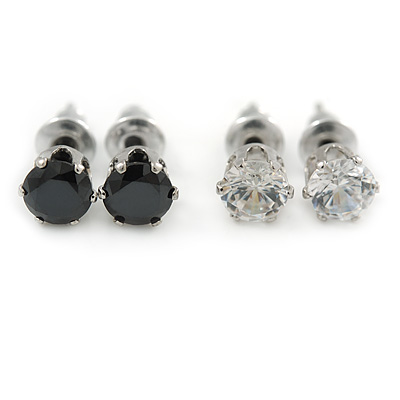 5mm Set of 2 Clear and Black Cz Round Cut Stud Earrings In Rhodium Plating - main view