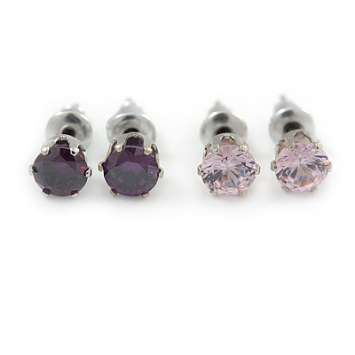 5mm Set of 2 Amethyst and Pink Cz Round Cut Stud Earrings In Rhodium Plating - main view