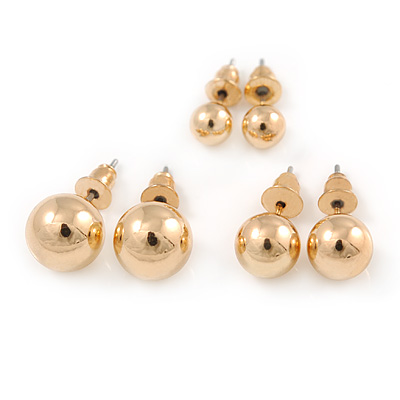 9mm, 7mm, 5mm Set Of 3 Mirrored Gold Tone Acrylic Ball Stud Earrings - main view