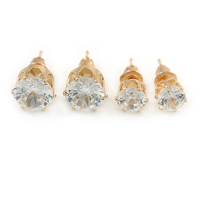 7mm, 5mm Set of 2 Clear Cz Round Cut Stud Earrings In Gold Plating - main view