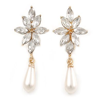 Bridal/ Prom/ Wedding Clear Crystal Faux Pearl Drop Clip On Earrings In Gold Tone - 50mm L - main view