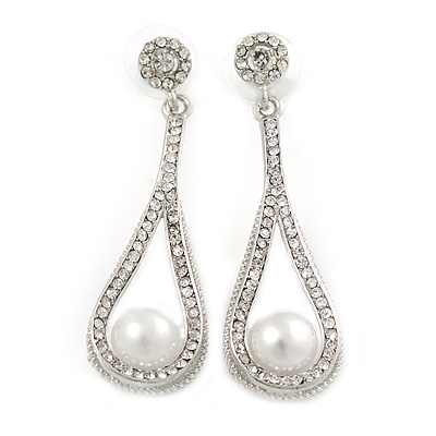 Clear Crystal White Glass Pearl Teardrop Earrings In Silver Tone Metal - 55mm L - main view